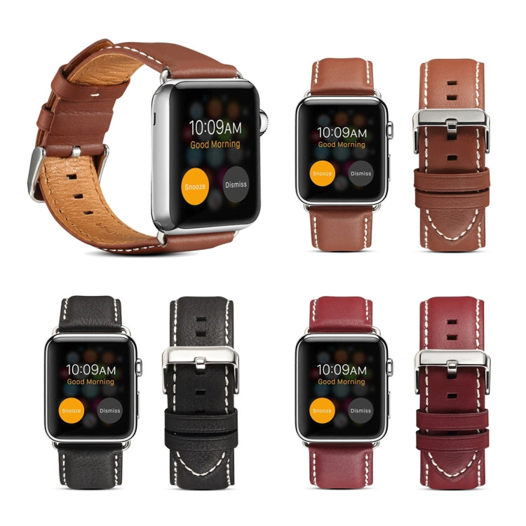 Set of leather watch bands in black, brown, and dark red with metal buckles