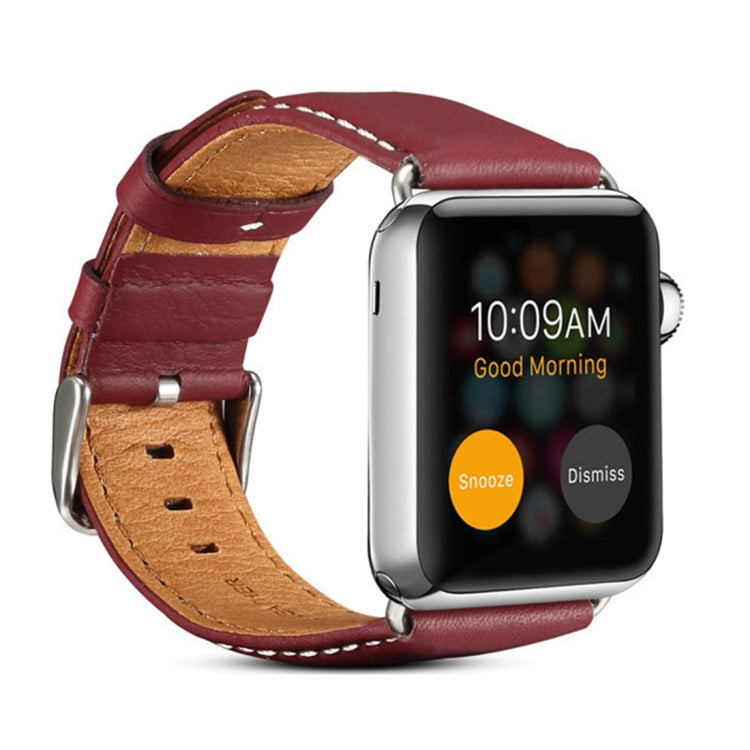 Apple Watch leather band in dark red leather with silver buckle and stitched holes