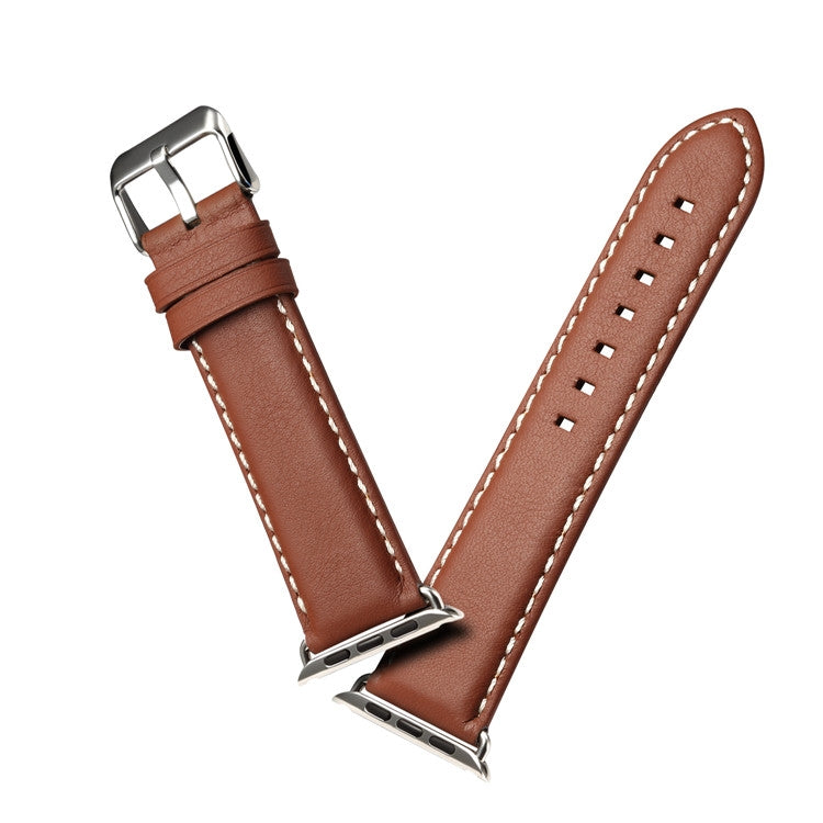 Apple Watch leather band with brown strap, perforated holes, and silver pin buckle