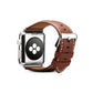 Apple Watch leather band, brown strap with silver buckle and decorative stitch details