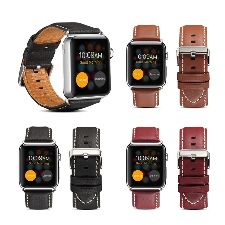 Leather Apple Watch bands in black, brown, and dark red with metal buckles, multiple views