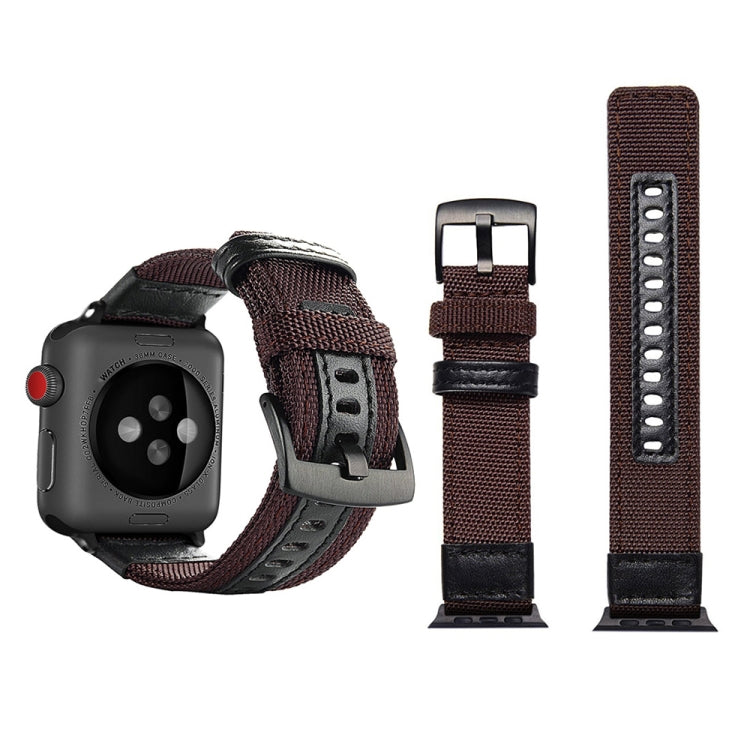 Brown woven nylon watch band with stainless steel buckle and black leather keeper
