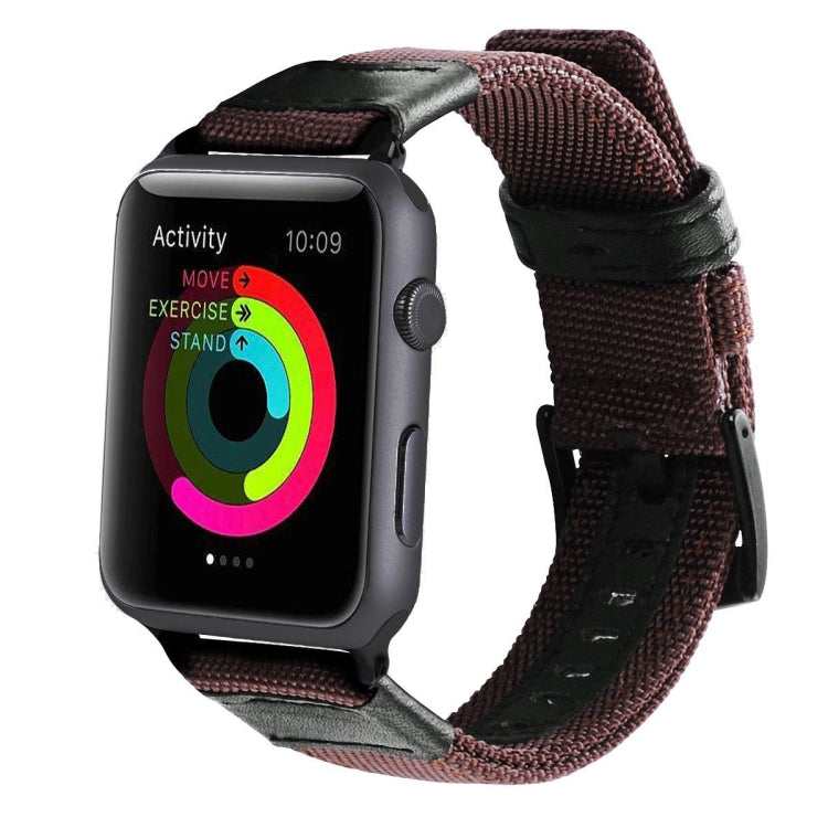 Apple Watch with brown woven nylon band, stainless buckle, and black leather back