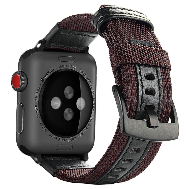 Brown woven nylon wrist watch band with metal buckle and black leather backing