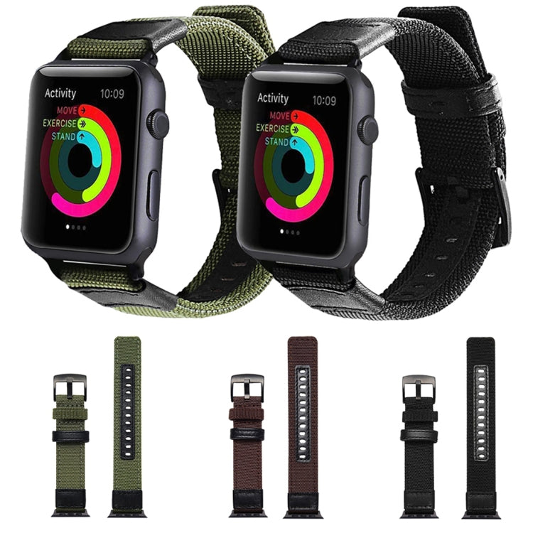 Nylon watch band set: green, brown, and black straps with stainless buckles