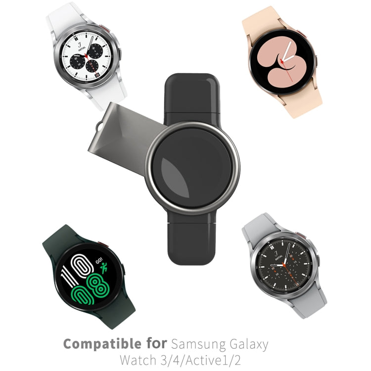 Portable magnetic wireless watch charger showing round puck on different watch styles