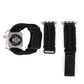 Woven black rope watch band with black leather end tabs and stainless steel buckle