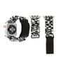 Woven zebra-pattern rope watch band with black leather end tabs and stainless buckle
