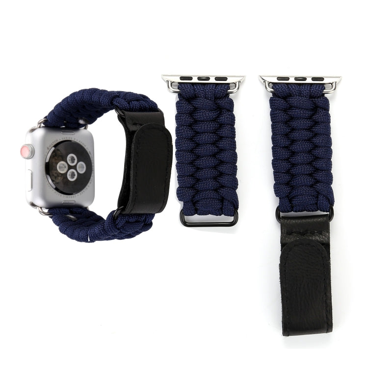 Dark blue braided nylon watch band with black leather ends and silver buckle for Apple Watch