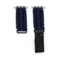 Dark blue braided nylon Apple Watch band with black leather end strap and silver clasp