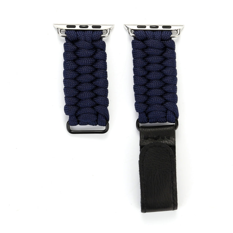Dark blue braided nylon Apple Watch band with black leather end strap and silver clasp