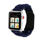 Dark blue braided nylon watch band with black leather strap, shown with watch face