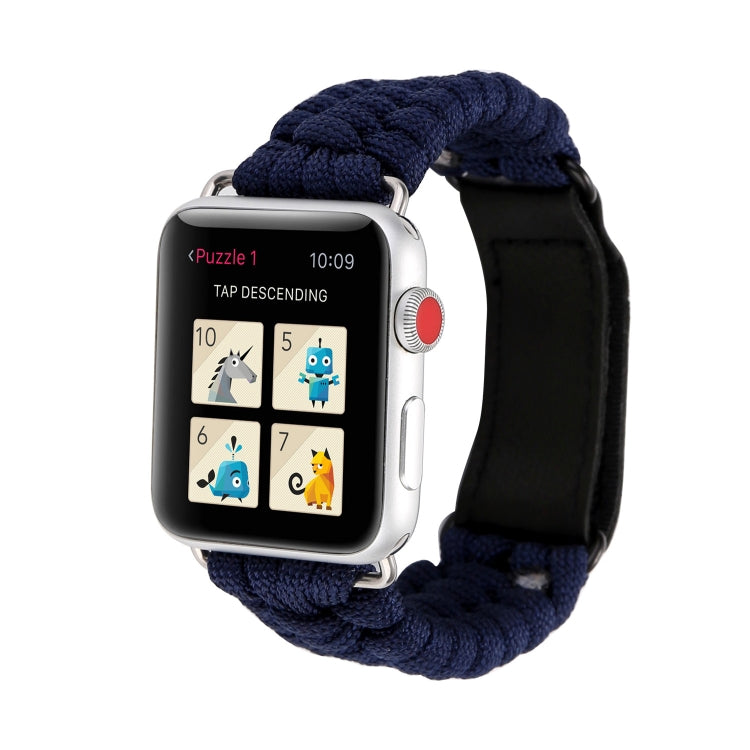Dark blue braided nylon watch band with black leather strap, shown with watch face