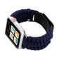 Dark blue braided nylon Apple Watch band with black leather underside and silver hardware