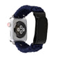 Dark blue braided nylon watch band with black leather side strap and silver buckle