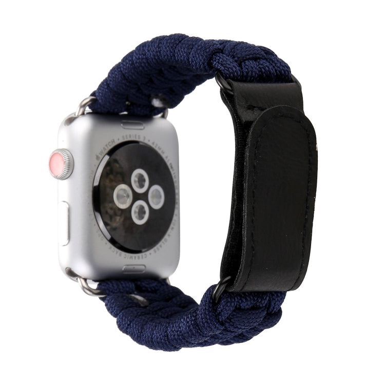 Dark blue braided nylon watch band with black leather side strap and silver buckle