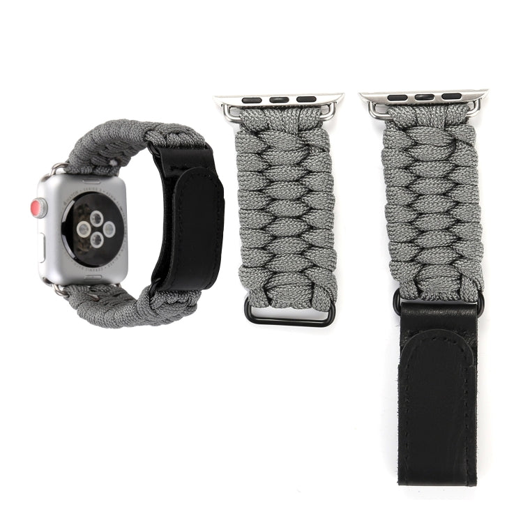 Gray braided nylon watch band with black leather ends and silver buckle for Apple Watch