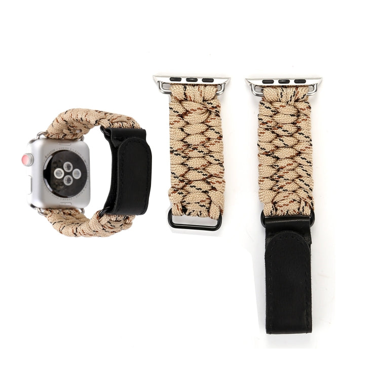 Beige-brown braided nylon watch band with black leather ends and silver buckle