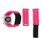 Magenta braided nylon watch band with black leather ends and silver buckle for Apple Watch