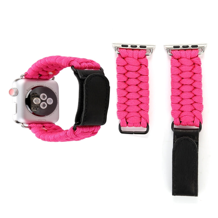 Magenta braided nylon watch band with black leather ends and silver buckle for Apple Watch