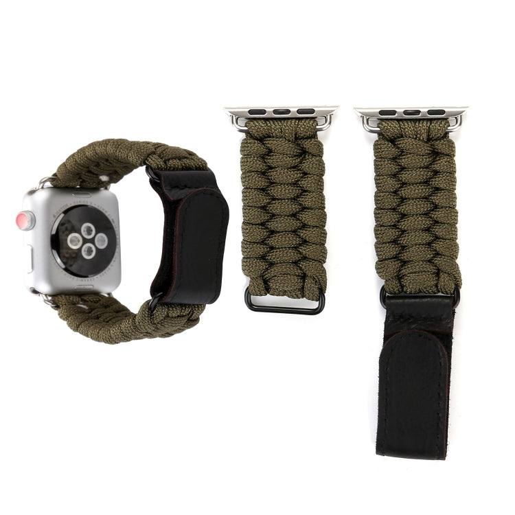 Olive green braided nylon watch band with black leather ends and silver buckle for Apple Watch