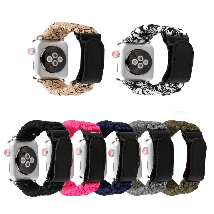 Set of woven rope watch bands in multiple colors with black leather end tabs