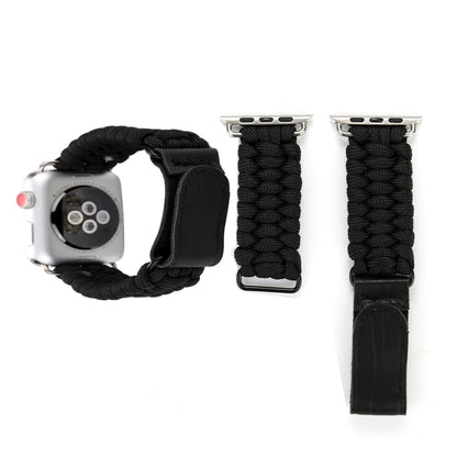 Black braided rope watch band with stainless buckle and black leather strap holder