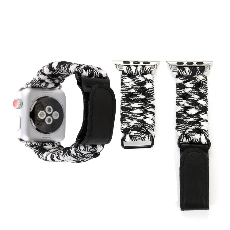 Black and white patterned braided rope watch band with stainless buckle and leather keeper