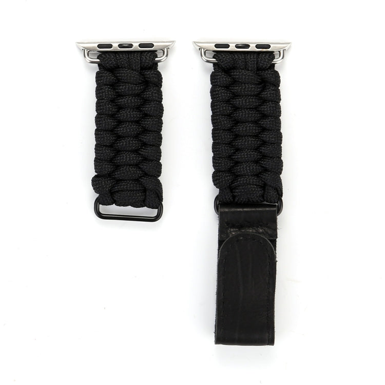 Black braided rope watch band with stainless steel buckle and black leather keeper