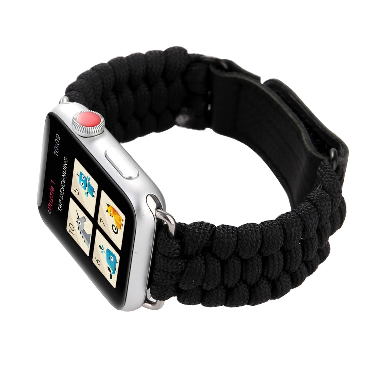 Black braided rope watch band with stainless buckle and black leather keeper detail