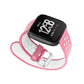 Pink silicone perforated watch band with metal clasp and white underside