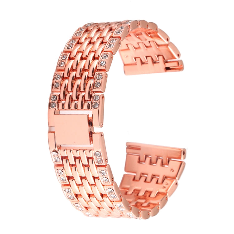 Rose gold metal watch band for smartwatch, with clasp and rhinestone link detailing.