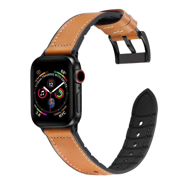 Brown TPU watch band with stainless clasp and black strap, shown with an Apple Watch