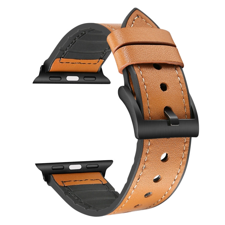 Brown TPU watch band detail with stainless buckle, stitched edges, and perforation holes