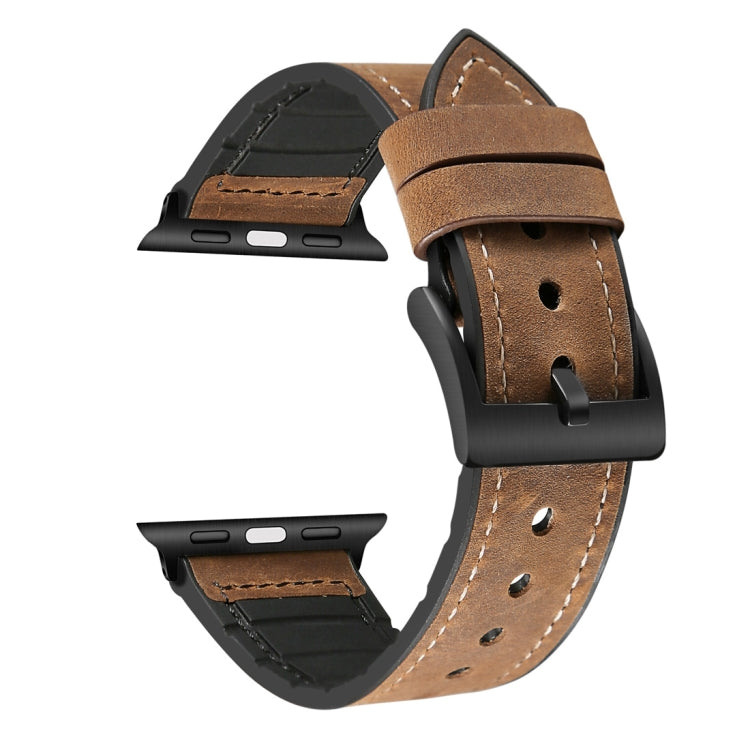 Brown leather-texture TPU watch band with metal buckle and black underside, multiple strap views