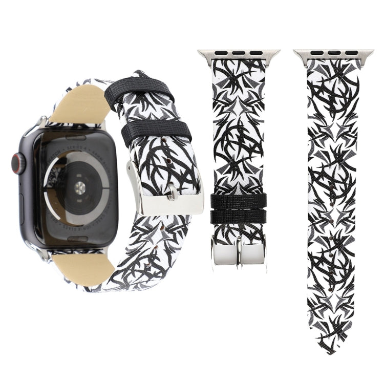 Black and white thorn print leather watch band with adjustable strap and buckle