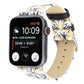 Leather watch band with yellow-and-black thorn print and adjustable strap; metal buckle