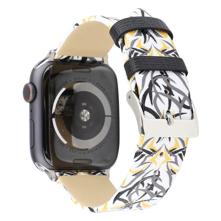 Leather watch band with black-and-yellow thorn print; silver clasp and strap detail