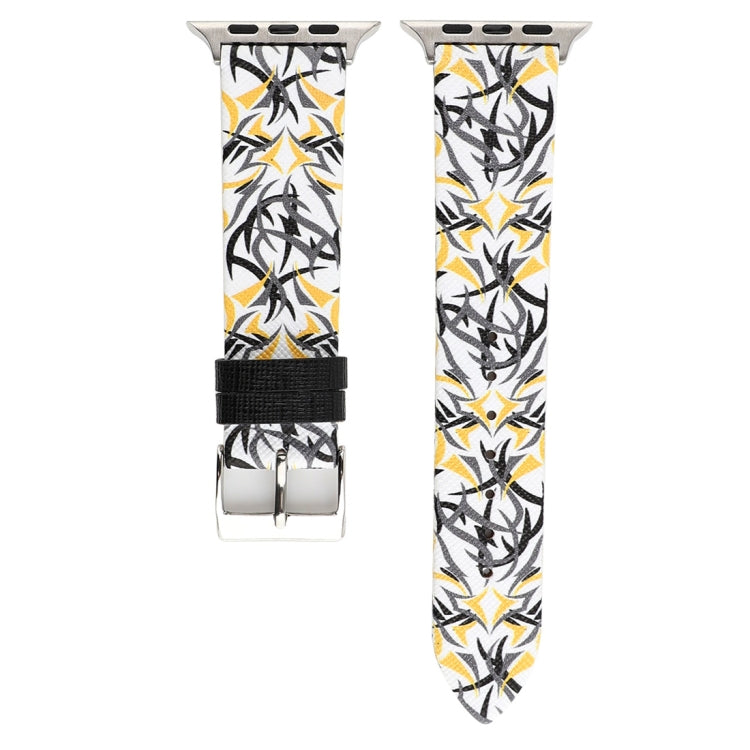 Leather watch band pair with black-and-yellow thorn print; silver pin-buckle