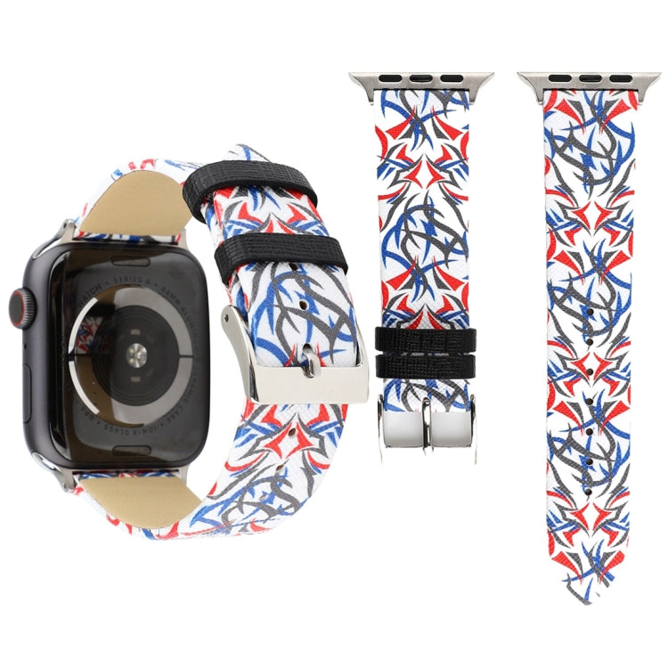 Leather watch band with blue, red, and white thorn print; silver buckle and strap holes