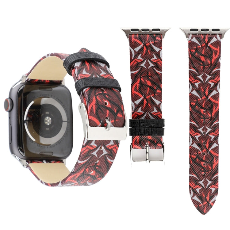 Leather watch band with red-and-black thorn print; silver buckle and adjustable strap