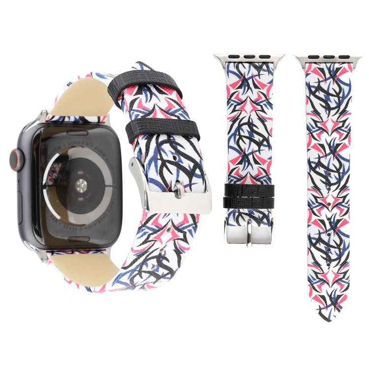 Leather watch band with blue, white, and red thorn print; silver clasp and strap
