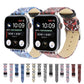 Set of thorn print leather watch bands in blue, red, and black with metal clasps