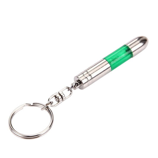 Metal capsule keychain with green colored insert, chain clasp and round key ring
