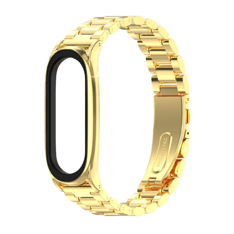 Gold stainless steel watch band with metal link strap and rounded case frame