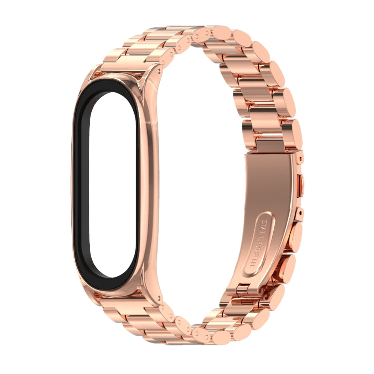 Rose gold stainless steel watch band with metal link strap and rounded case frame