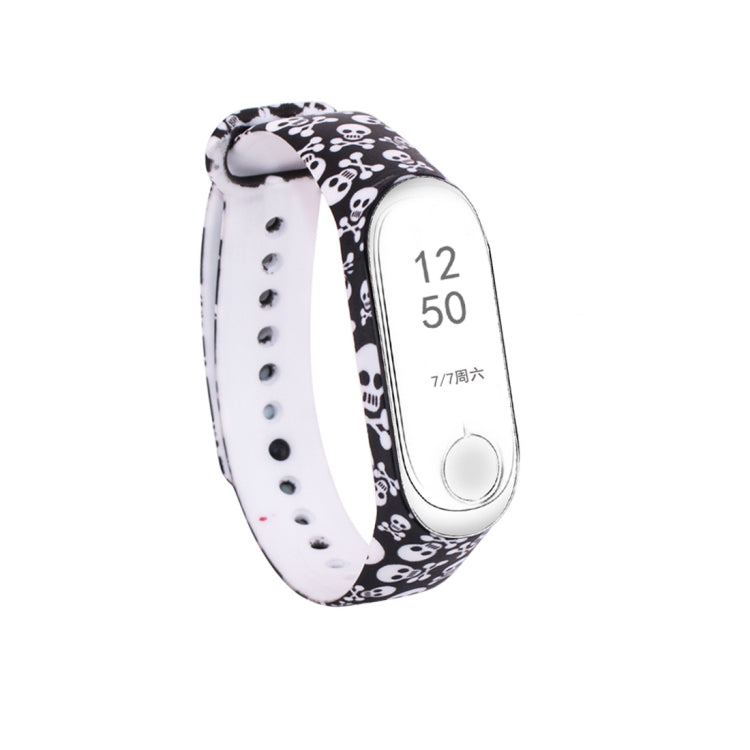 Silicone watch band with black skull pattern, white perforated strap, fitness tracker display