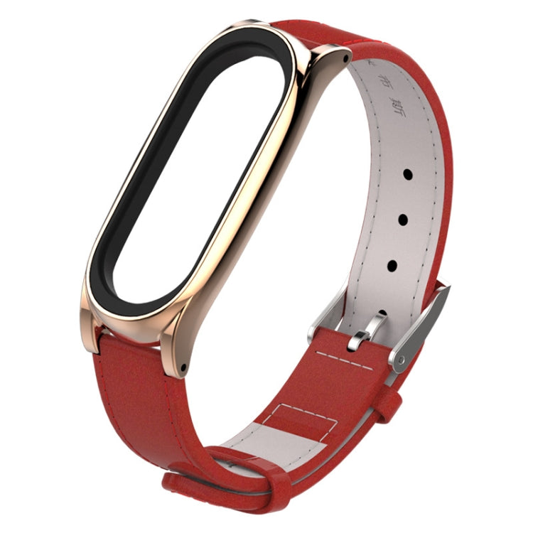 Screwless magnetic leather watch band with rose-gold case and red strap