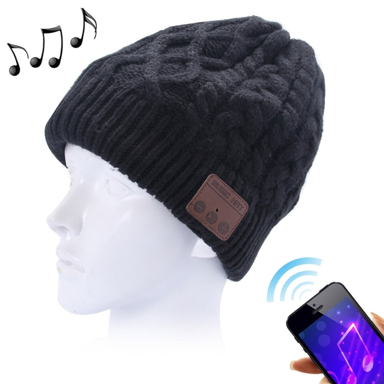 Black wavy textured knit Bluetooth beanie hat with brown control patch and mic