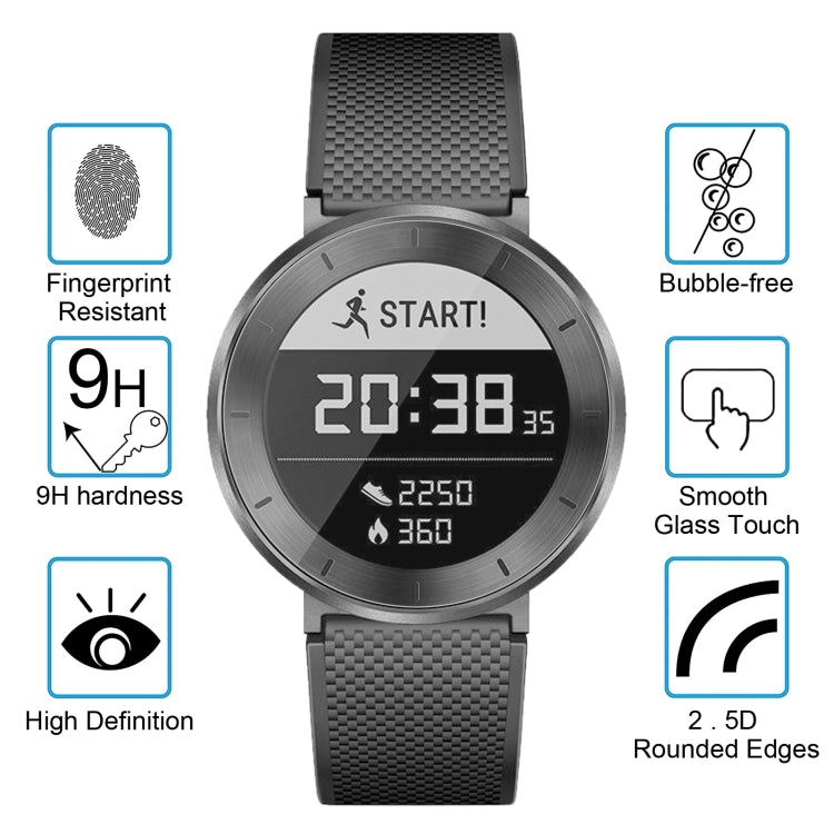 Clear round 9H tempered glass screen film on dark smartwatch, smooth touch and rounded edges